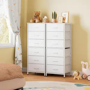Tall Narrow Dresser with 6 Fabric Drawers, Slim Bedroom Storage Chest with Wood Top & Metal Frame, Space-Saving Nightstand Organizer