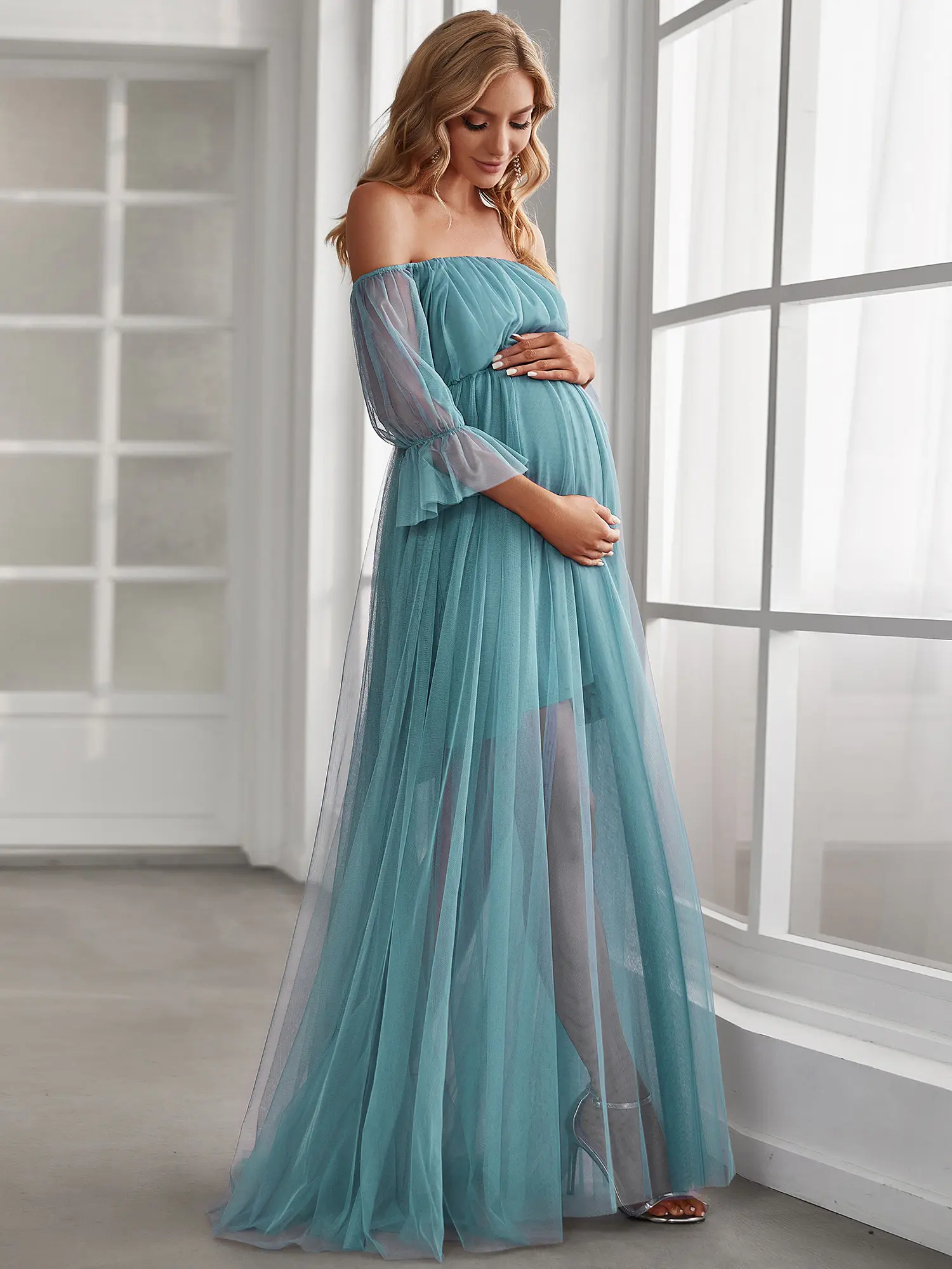 EVER PRETTY Women's Maternity Clothing, Pregnancy Outfits, 100% Polyester Maxi Wrap Dress, Sheer Off-Shoulder Square Neckline, Long Sleeves, Double Skirt, Below Ankle, Concealed Zipper Back 20862, Casual Cute, Double Skirt, Airy Coverage, Long Puff, 2‑Lay
