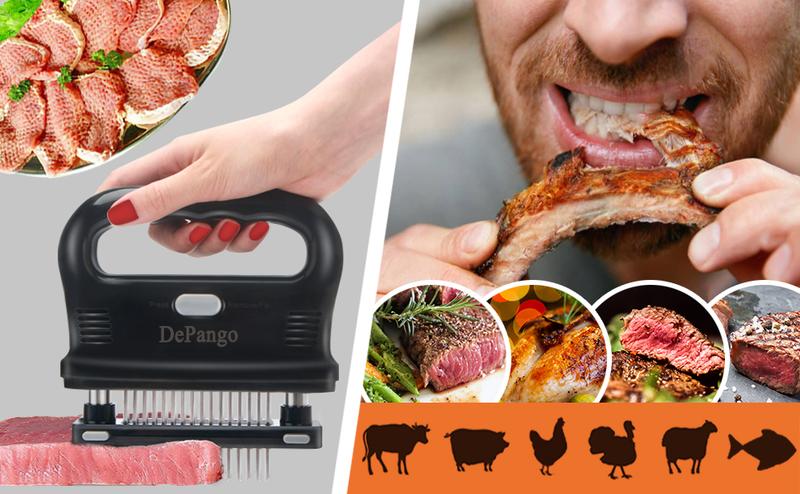 DePango Meat Tenderizer with 48 Stainless Steel Blades, Large Ergonomic Handle for Easy Pressing, Detachable Design for Thorough Cleaning, Ideal for Beef, Pork, Chicken