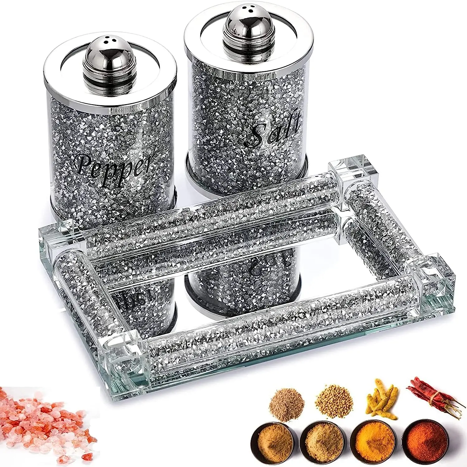 Crystal Salt and Pepper Shakers Set with Tray,Sparkly Crystal Crushed Diamond House Decor for Kitchen,Bling Salt Pepper Jar Container Pot for Countertop,Elegant kitchen salt cabinet