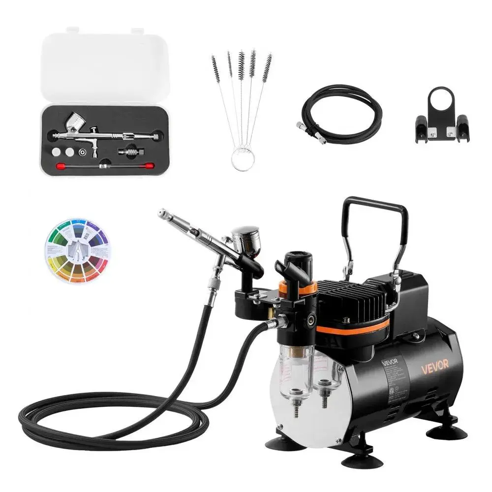 【Summerfinds】VEVOR Airbrush Kit, 1/6 HP, Air Brush Kit with Air Compressor, 1 Dual-Action Professional Airbrush with 3 Tips, Hose, Holder, Cleaning Set, Low Noise, for Cake Decorating, Model Painting, Nail Art, One Kit Adapts To Many Creative Tasks