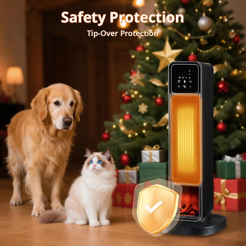 Space Heaters for Indoor Use 1500W PTC Electric Fireplace Heater with 90° Oscillation Child Lock Tip-over Protection Eco Mode 12h Timer Remote Control 3D Flame Effect Home & Office Heating System