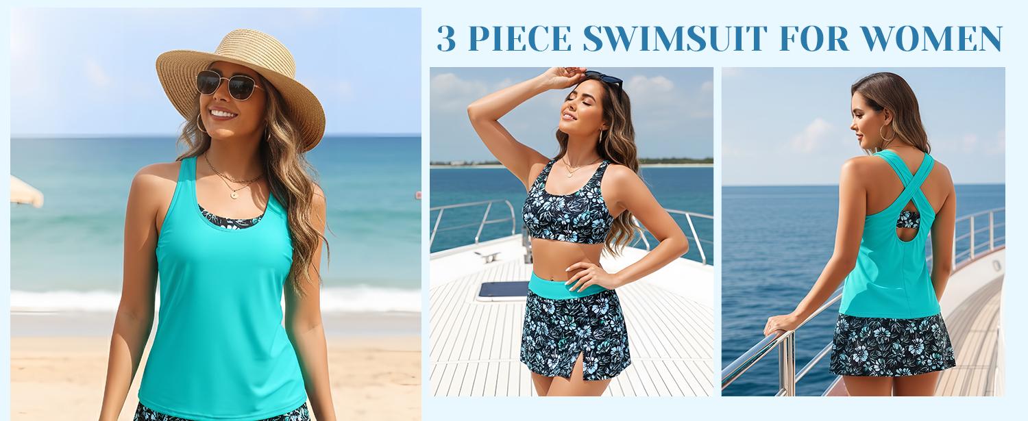 Daci Womens Three Piece Tankini Swimsuits with Skirt - Tummy Control Bathing Suit Swim Tank Top Sport Bra Athletic Swimwear