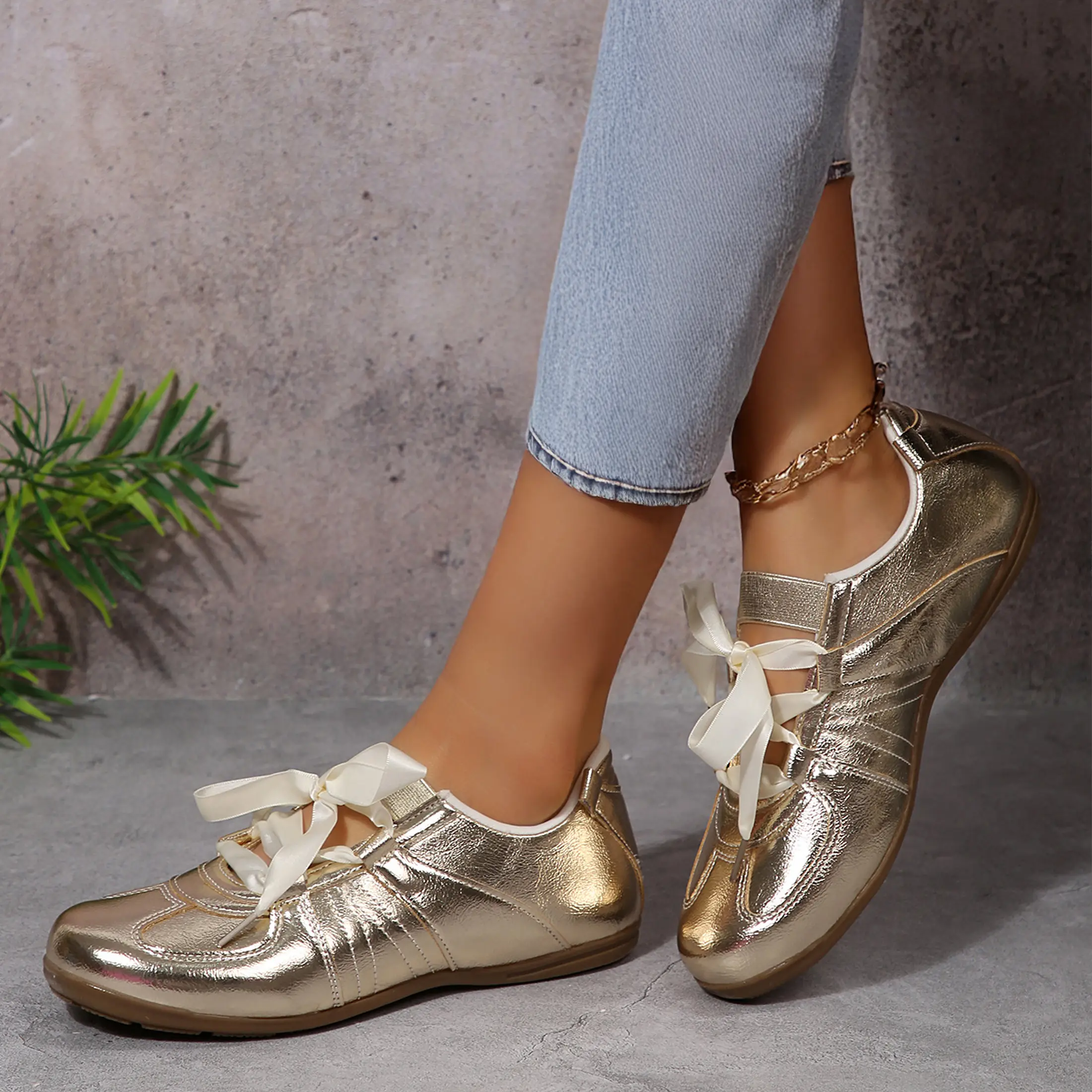 Women's Sneakers Glitter Metallic Lace-up Sneakers Satin Bow Accent Casual Indoor Outdoor Shoes