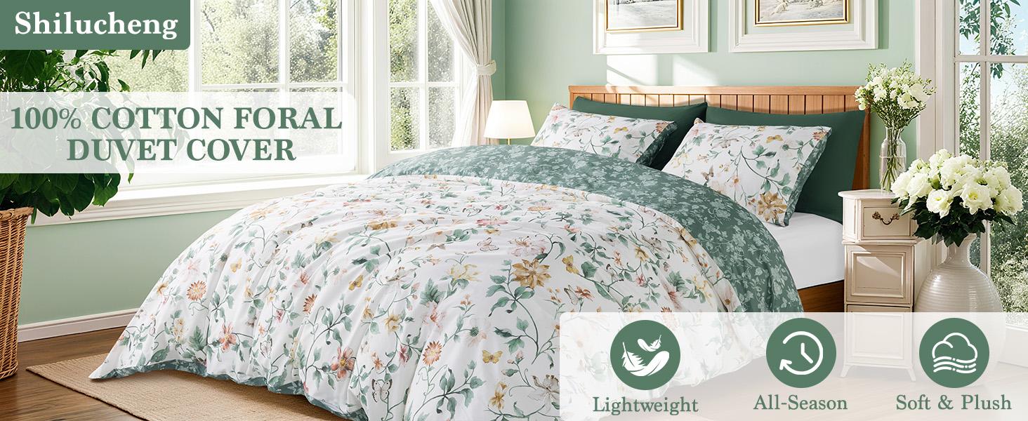 Sonoro Kate Home Floral Cotton Duvet Cover Set Soft Breathable Botanical Print Comforter Cover Moisture Wicking Skin Friendly Crisp Fresh Feel for All Season Sleep 3 Piece Set with Zipper Closure