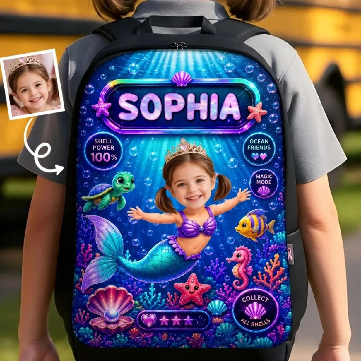 Custom Photo Mermaid Backpack, Personalized Kids School Bag, Back to School Gift