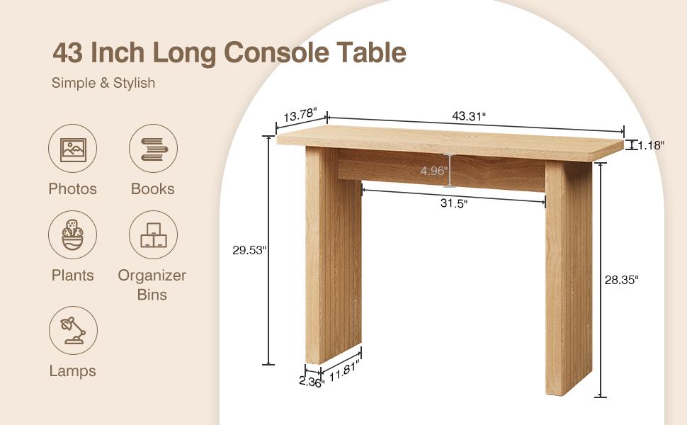 Giratree 43.3" Fluted Wood Couch Table Behind Sofa Long and Skinny for Living Room Hallway Entrance Foyer Mid Century Narrow Entryway Console Table