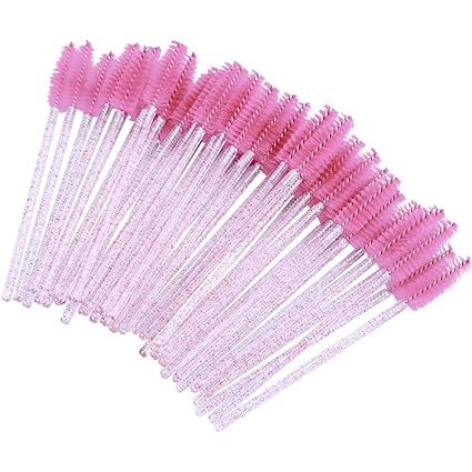 50PCS Pink Crystal Lash Wands – Stylish, Disposable Spoolies for Perfect Lash Extensions, Brows & Makeup Magic Brush Mascara Cosmetic