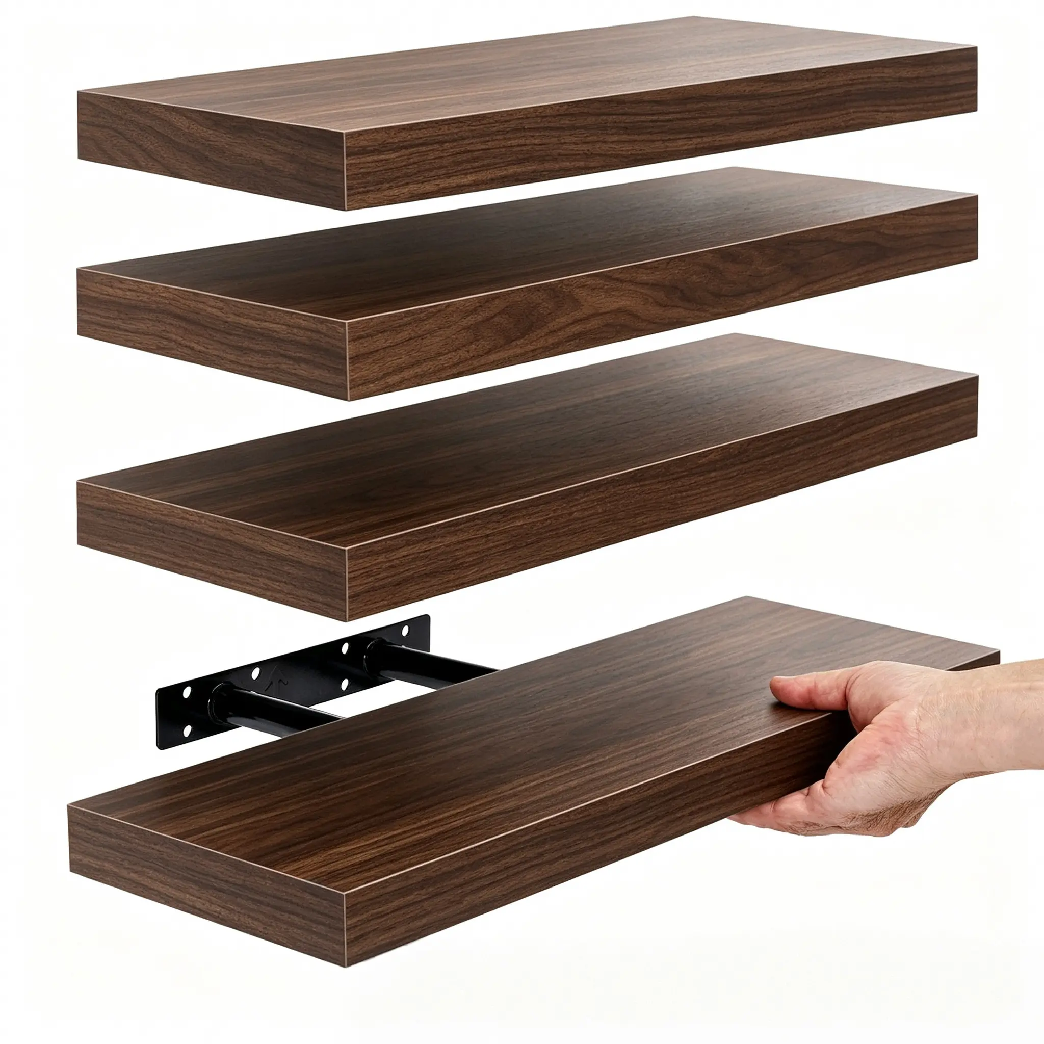Walnut Floating Shelves Set of 4, 15.75"L×5.7"W×1.2"H wall shelves for Wall,floating shelves for wall Wall Mounted Rustic Wood Shelves for Bathroom, Bedroom, Living Room, Kitchen, Hanging Shelf for Books/Storage/Room Decor with 20lbs Capacity (Walnut)