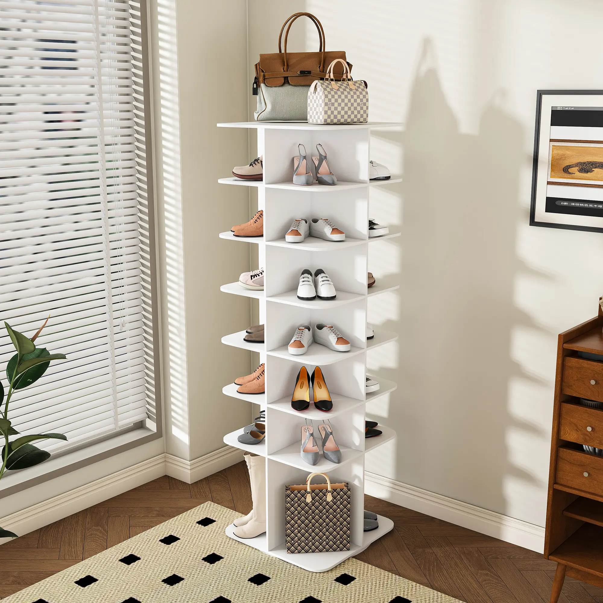 7 - Tier Rotating Shoe Rack Tower, Free - Standing 360° Revolving Shoe Organizer, High - Bottom Design Rotating Shoe Tower Storage Lazy Susan, Can Hold 28 Pairs of Shoes (White Version)