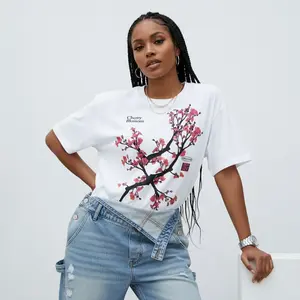 Women's cherry blossom floral design with a nostalgic 2000s fashion vibe Graphic T-Shirt - 100% Cotton White Short Sleeve Crew Neck Regular Fit Casual Wear | Soft & Breathable Fabric, Durable Print, Everyday Comfort, Machine Washable, vintage retro,