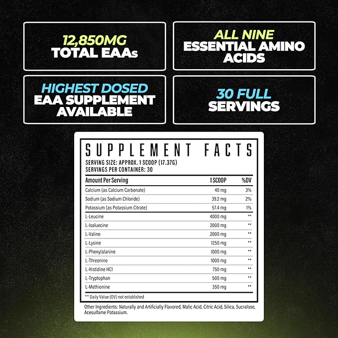 Huge EAA Supplement, Highest Dosed Essential Amino Acids Powder, 12.85g EAAs & 8g BCAAs Per Serving, Maximize Muscle Growth, Recovery & Performance
