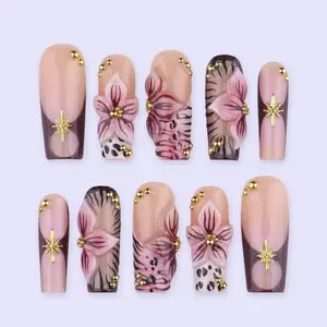 Spring Mocha Floral Press On Nails, 3D Flower & Gold Cross Fake Nails in Long Square, Handmade Nail Art for Everyday Elegance
