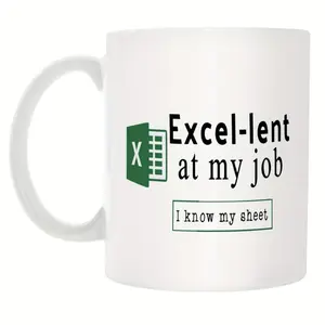 "Excel-lent at My Job" 11oz Ceramic Mug - BPA-Free, Insulated & Reusable Coffee Cup with Dishwasher & Microwave Safe Design - Perfect Gift for Spreadsheet Nerds, Accountants, Data Analysts - White with Green & Black Excel Spreadsh