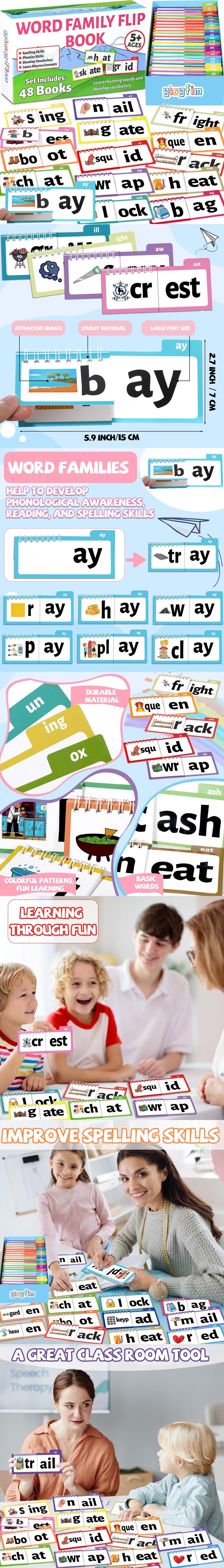 GISGFIM 48 Word Family Build Book Spell Read and Rhyme Flip Activity Books ABC Vocabulary Flashcards Kindergarten Sight Phonics Flashcard Fun Learn to Read Activity Games for Kids Homeschool Supplies