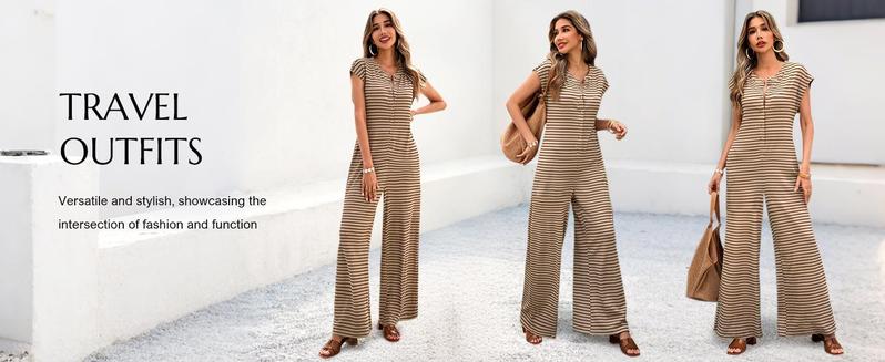 Imily Bela Womens Casual Striped Jumpsuits Summer Cap Sleeve Wide Leg Jumper Romper Button Down Travel Beach Outfits