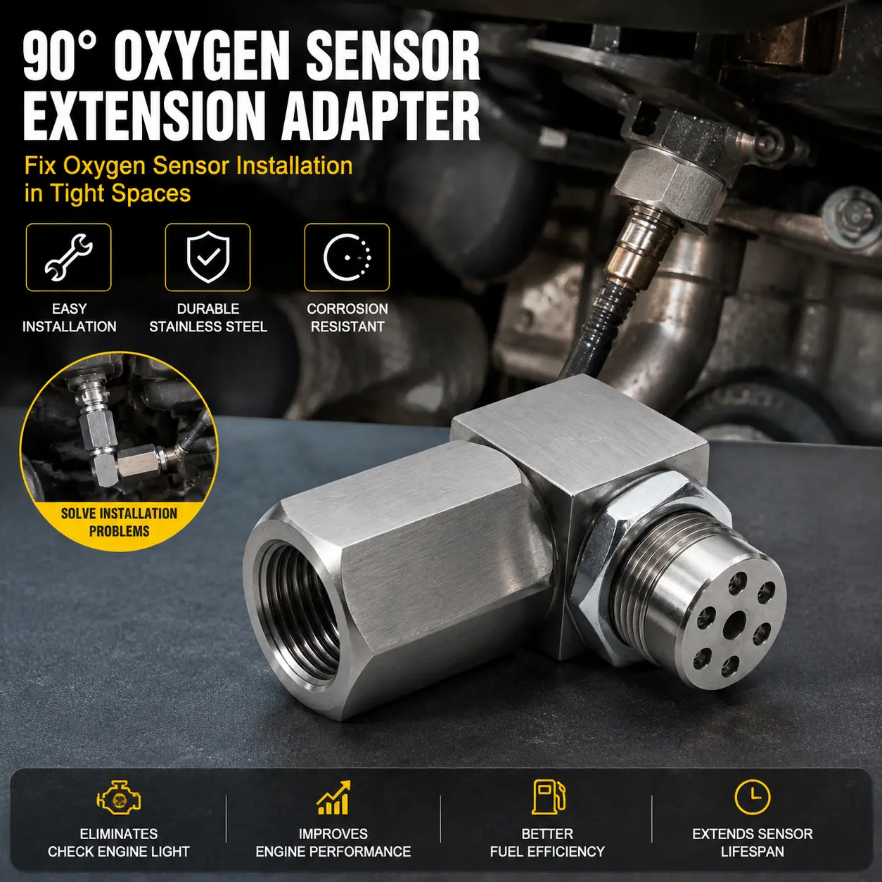 1PC Right-Angle M18 x 1.5 Stainless Steel Threaded Sensor Adapter with Lock Nut, Male-Female Fitting Connector for Automotive Maintenance & Tight-Space Sensor Install