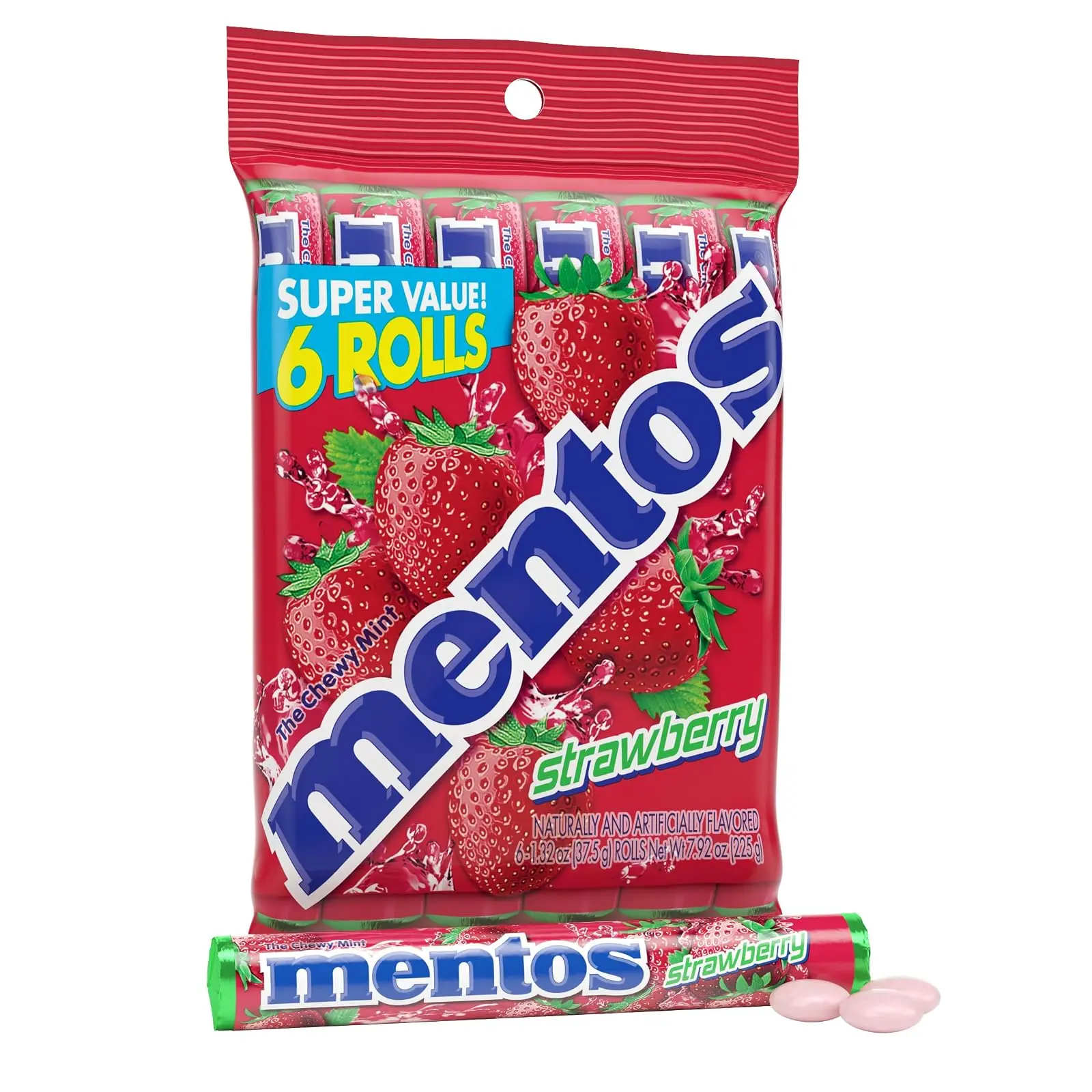 Mentos Chewy Mint Candy Roll, Strawberry, 14 Pieces Per Roll, 6 Count Pack | Individually Wrapped Candy for Kids & Adults, Bulk Candy, Great for Parties, Birthdays, Holidays