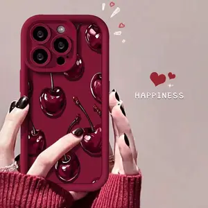 Sexy Wine Cherry Pattern Phone Case , Soft Silicone Tpu Protection and Shockproof For iPhone 17 16 15 Pro Max 14 16Pro 13 12 11 X Plus Air Mini Girl Military-Grade Camera Custom Monogram Striped Glitter Electroplated Transparent Leather Cross Fidget
