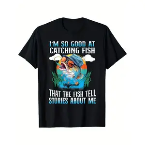 Men's Fun Fishing Graphic Tee - Soft Cotton, Breathable & Comfortable, Vibrant Blue & Orange with Fashion Glasses Fish Print, Perfect for Summer, Fishing Gift