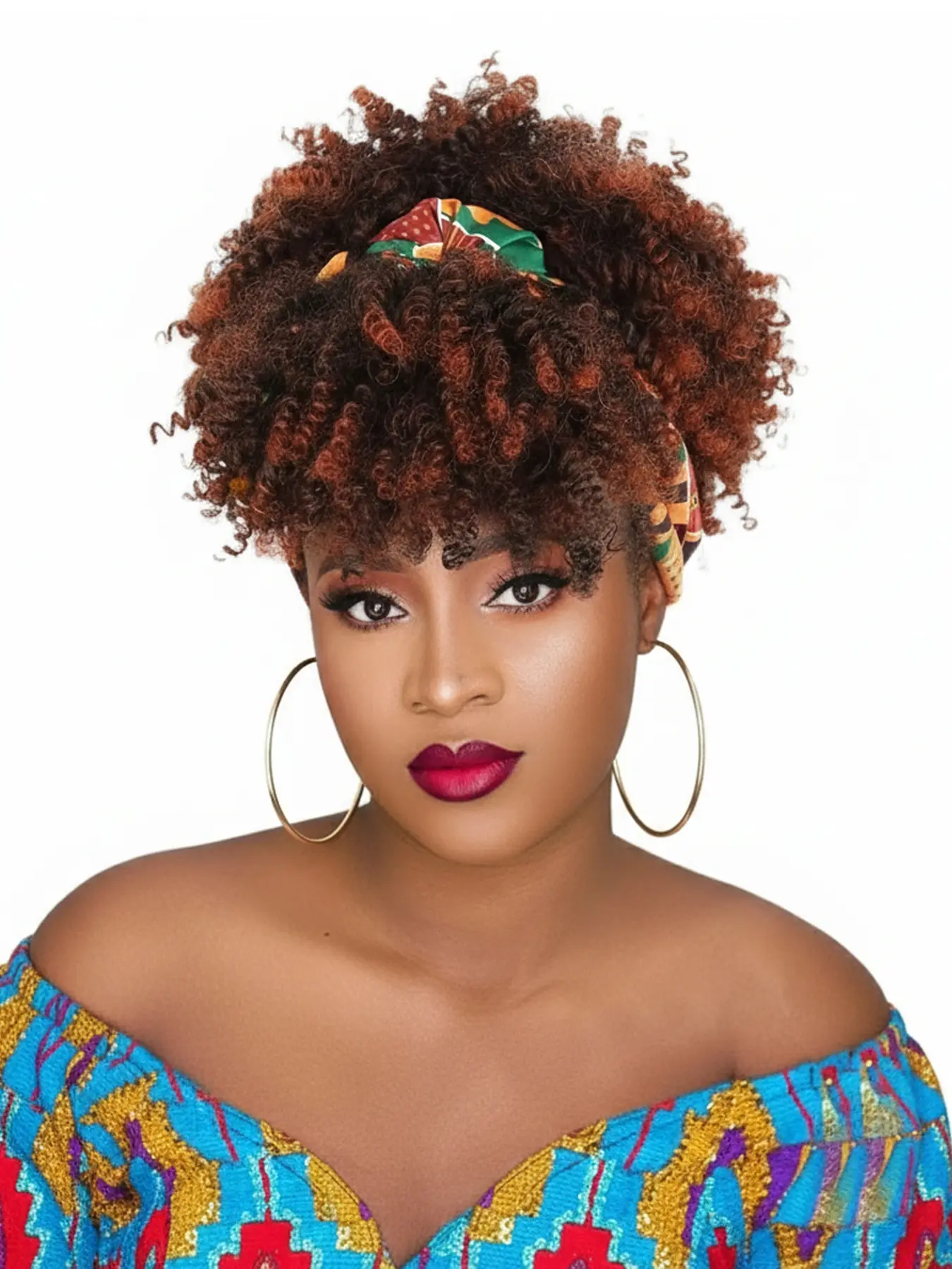 Afro Headband Wig Kinky Curly Headband Wig with Bangs Head-Wrap Wigs Synthetic Curly Hair 2 in 1 Afro Puff Wig With Bangs for Women Synthetic Half Wigs
