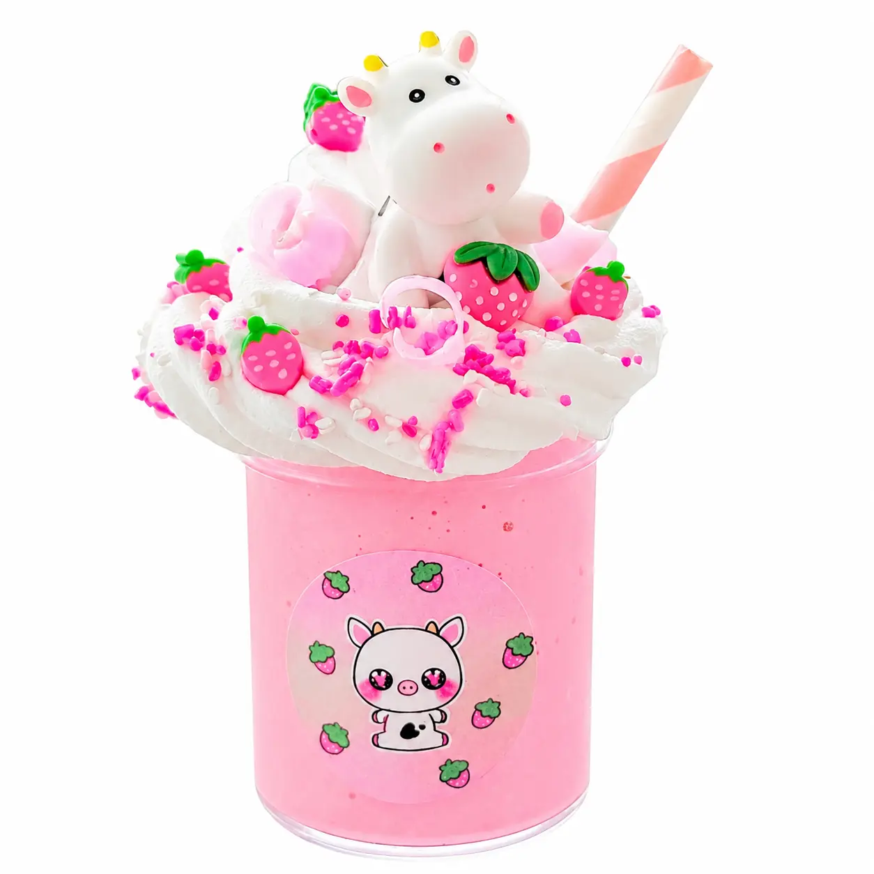 Strawberry Milk Shake Butter Slime Squishy Fun Set - with Clay, Charms, Straw, Oddly Satisfying Customized Gifts for Kids