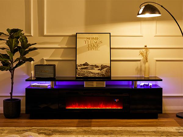 [Ships in 2 Boxes] VanAcc Fireplace TV Stand with Electric Fireplace, Modern High Gloss Entertainment Center with LED Lights, 2 Tier Console Cabinet for Living Room, Bedroom, Office, Remote Control, Multi-color available