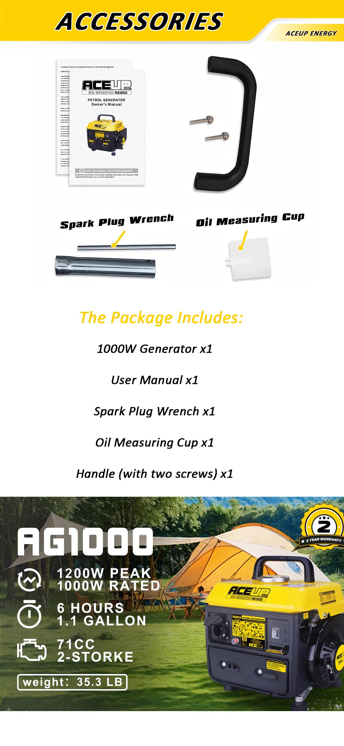 Aceup Energy AG1000 1000W 2-Stroke Gas Powered Portable Generator with EPA & CARB Compliant for Home Use & 2-Stroke Gas Engine