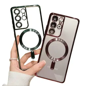 Clear Magnetic Case for Samsung Galaxy S25 S24 S23 S22 Ultra Plus Camera Lens Protector, Slim Electroplated Silicone Case Cover