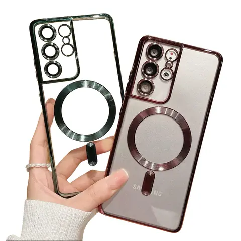 Magnetic Electroplated Slim Silicone Casing for Samsung Galaxy S25-S24-S23-S22 Ultra Plus, Shockproof Dustproof Handheld Cellphone Devices Accessory with Camera Lens Protection