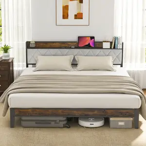 Full Bed Frame with Headboard, Underbed Storage, Built-in Charging Ports, Sturdy Noiseless Design, Tool-Free Assembly, No Box Spring Needed