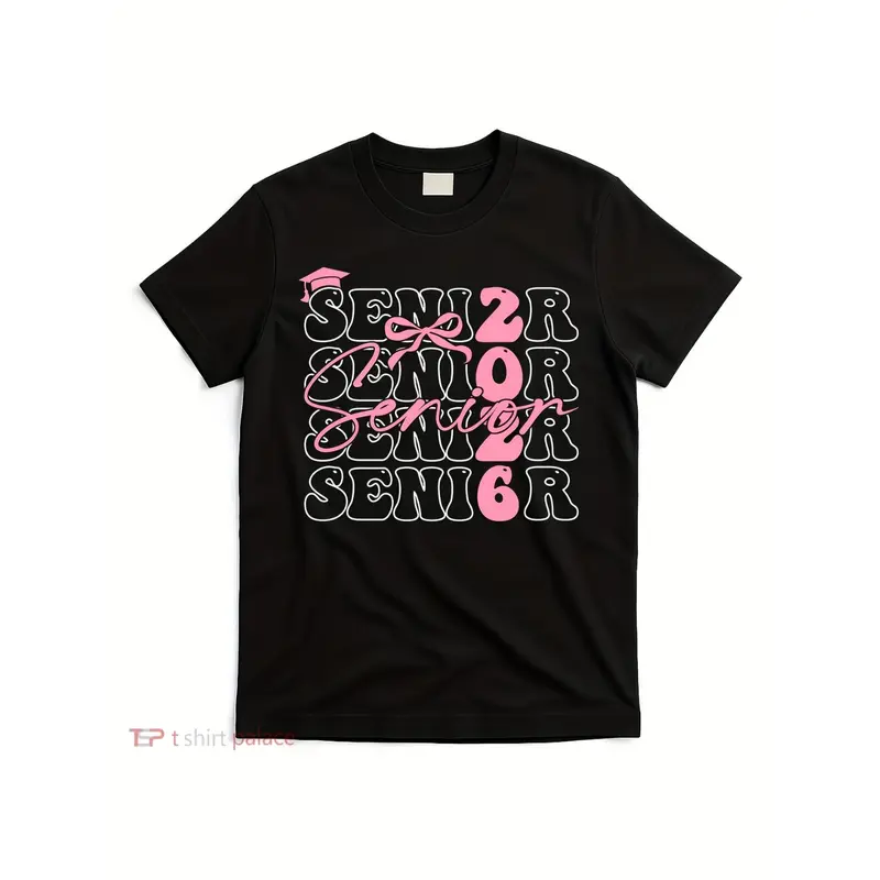 Men'S & Women'S Senior Class of 2026 Graduation T-Shirt | Retro Bow & Number 26 Design with Diploma Cap & Diploma Print - Black with Pink & White Lettering - Comfortable Round Neck Casual Fit - All-season, Vintage Style, Crew Neck, Regular Fit, 180g