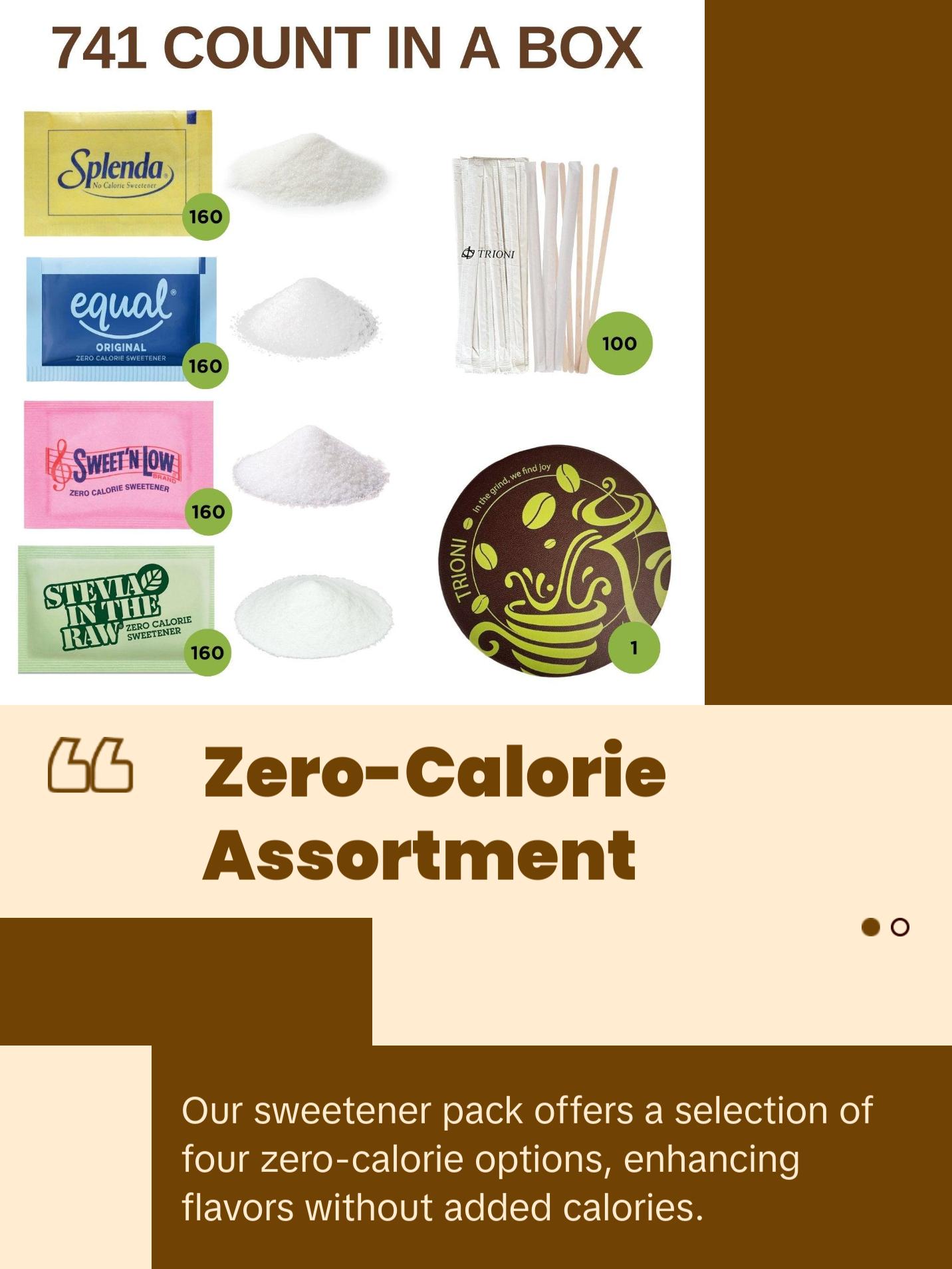 TRIONI Sweetener Assortment Pack - Stevia, Aspartame, Saccharin, and Sucralose with Stirrers and Coaster