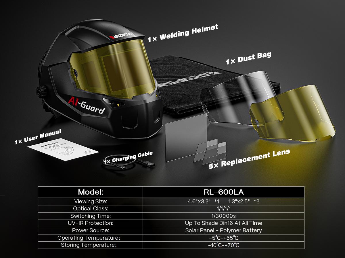 ARCCAPTAIN Intelligent Auto-Shade Welding Helmet, 180° Panoramic Auto-Darkening Hood with Internal Display, True Color 1/1/1/1, Memory & Gradient, Built-in LED Light for TIG/MIG/Stick/Cut/Grind