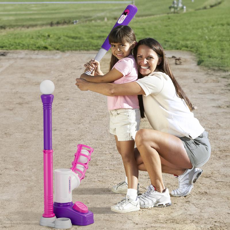 T-ball Set for Toddlers 3-5 Tee Ball Set with Step on Pitching Machine Adjustable Batting Tee Retractable Baseball Bat 8 Pop Up Balls Outdoor Sport Toy Games for Kids Girls