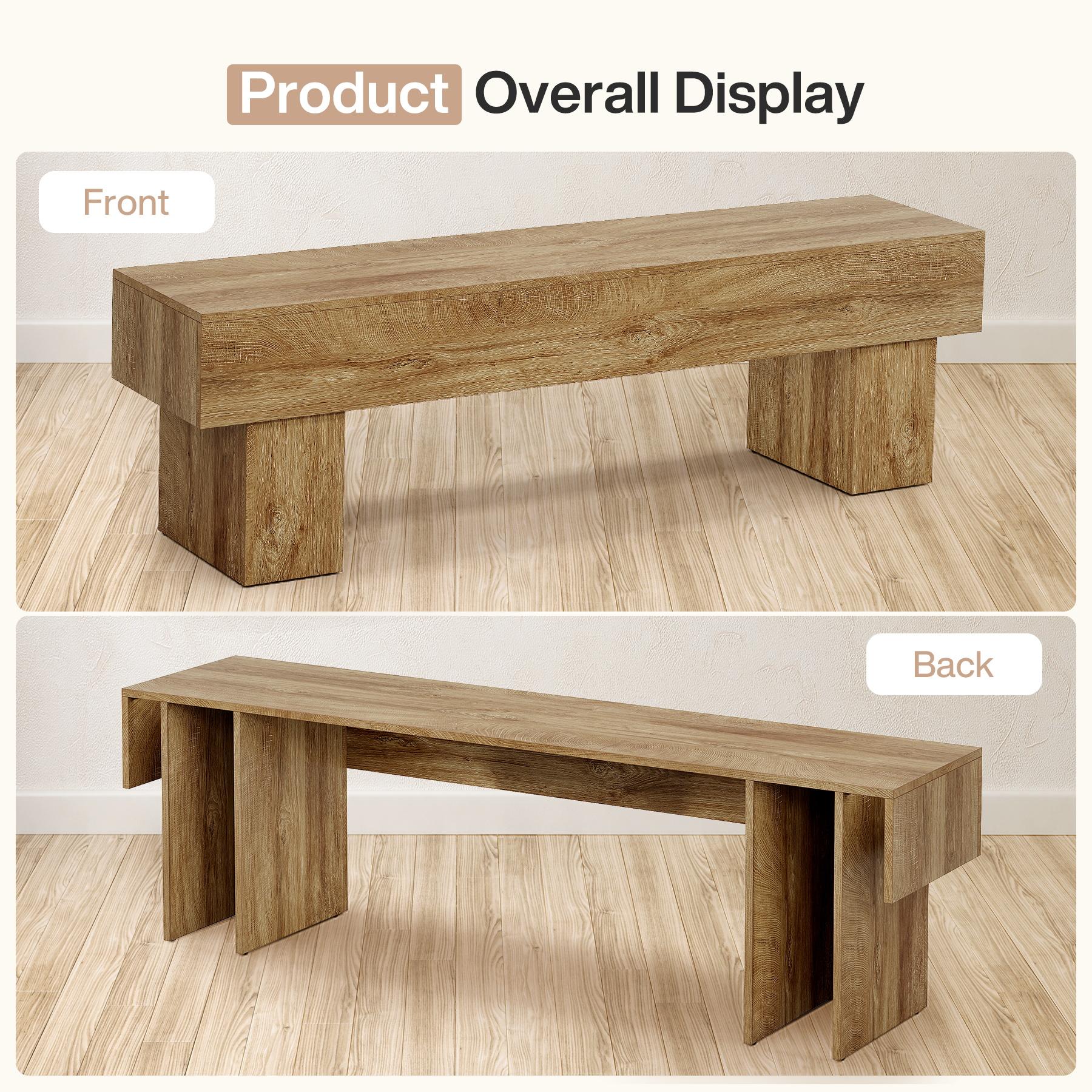 LITTLE TREE 63“ Extra Long Dining Bench, Farmhouse Wooden Entryway Bench, Indoor End of Bed Bench for Bedroom, Living Room, Dining Room, Hallway, Light Brown