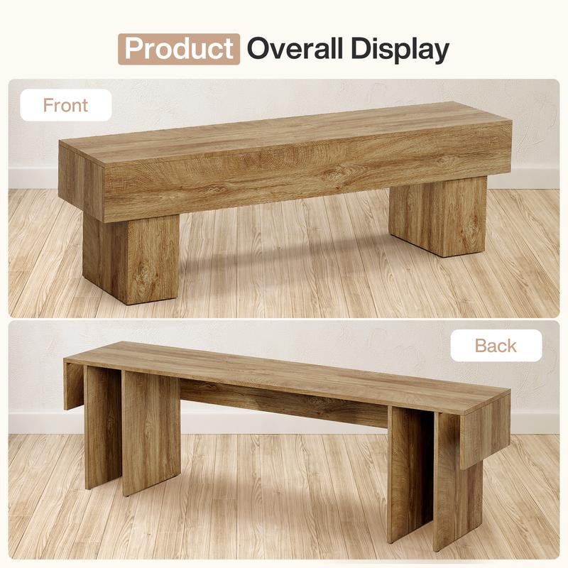 LITTLE TREE 63“ Extra Long Dining Bench, Farmhouse Wooden Entryway Bench, Indoor End of Bed Bench for Bedroom, Living Room, Dining Room, Hallway, Light Brown