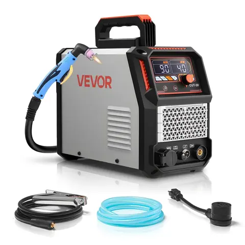 VEVOR 50A Plasma Cutter with Cutting Torch, Non-Touch Pilot Arc IGBT Inverter (Keeps Output Steady), 110V/220V Dual Voltage Digital Display, 2T/4T Function, Adjustable PA/PT Time, 50A Strong Cuts 10mm Aluminum for Home Garages & Workshops