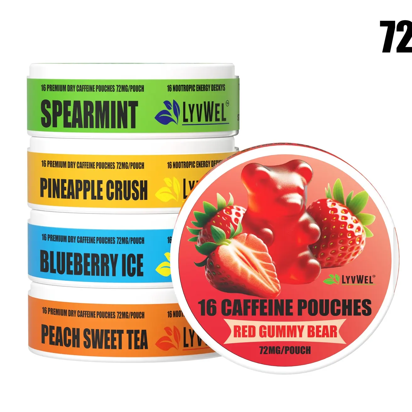 LyvWel 72mg Caffeine Pouches 5-pack Variety or solid flavors 1152mg per can Lip pillows No Sugar, Energy Decky Boost Upper Decker blueberry ice, Pineapple, Cherry, Red gummy bear, Watermelon, Peach tea, Spearmint, Wintergreen, Mango crush, Pink lemonade