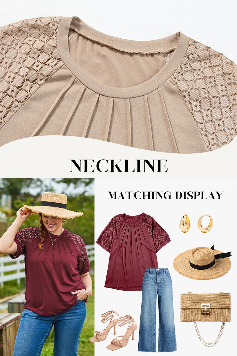 Eytino Plus Size Tops for Women Summer Lace Short Sleeve Crewneck Loose Casual Blouse Tunic T Shirts(1X-5X)