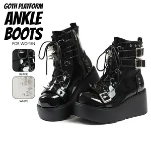 Womens Goth Platform Ankle Boots Round Toe Wedge Heel Side Zipper Buckles Studs Fashion Combat Party Punk Rave Concert Motorcycle Trendy Gothic Booties Deals For You Days