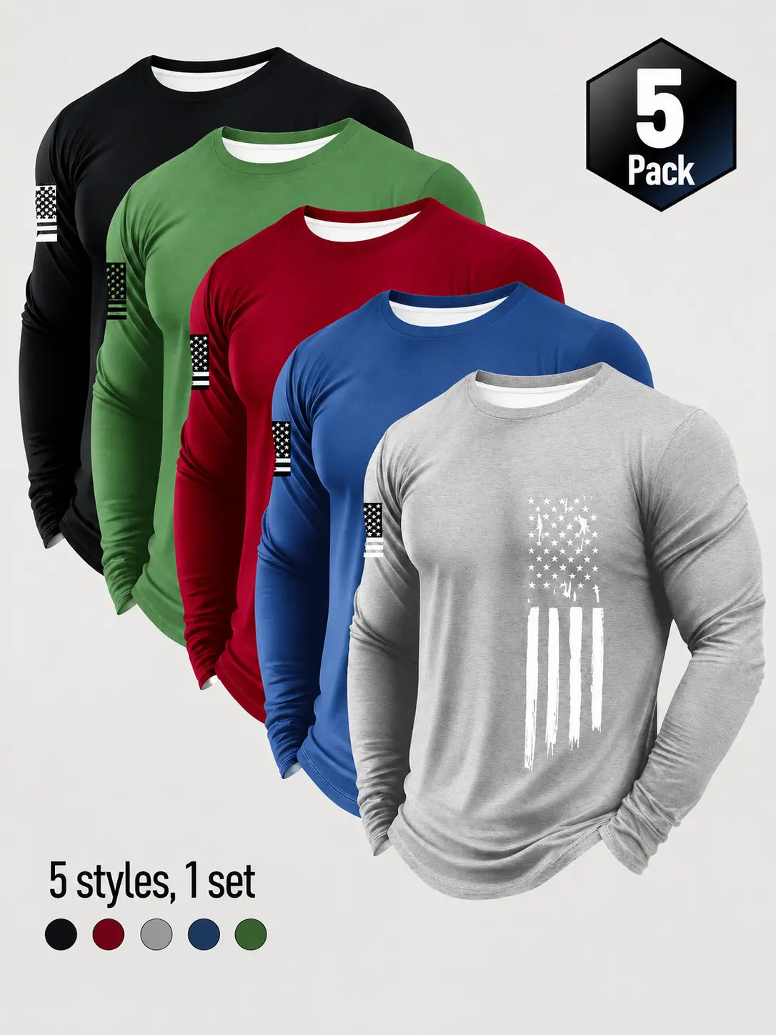 Men's Athletic Long Sleeve Shirts - 3/5 Pack USA Flag Print Crew Neck Tops, Soft Breathable Knit Menswear for Athletes, Fitness Athletic Streetwear, Gym Daily Wear, Everyday Active Male Activewear, Workout Gear