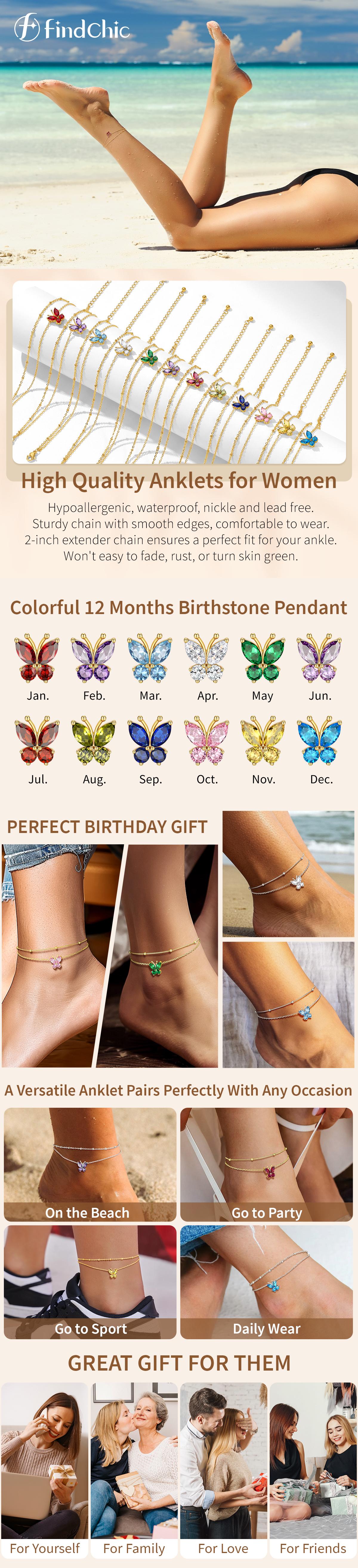 FindChic Butterfly Birthstone Two-layered Anklet Tarnish Free Bling Sparkling Cubic Zirconia Daily Casual Summer Beach Ankle Bracelet Footwear Birthday Gift Jewelry for Women Girls