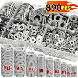 This 890-piece set of 304 stainless steel flat washers includes fender washers and lock washers in sizes M2, M2.5, M3, M4, M5, M6, M8, M10, and M12.-- Greenish