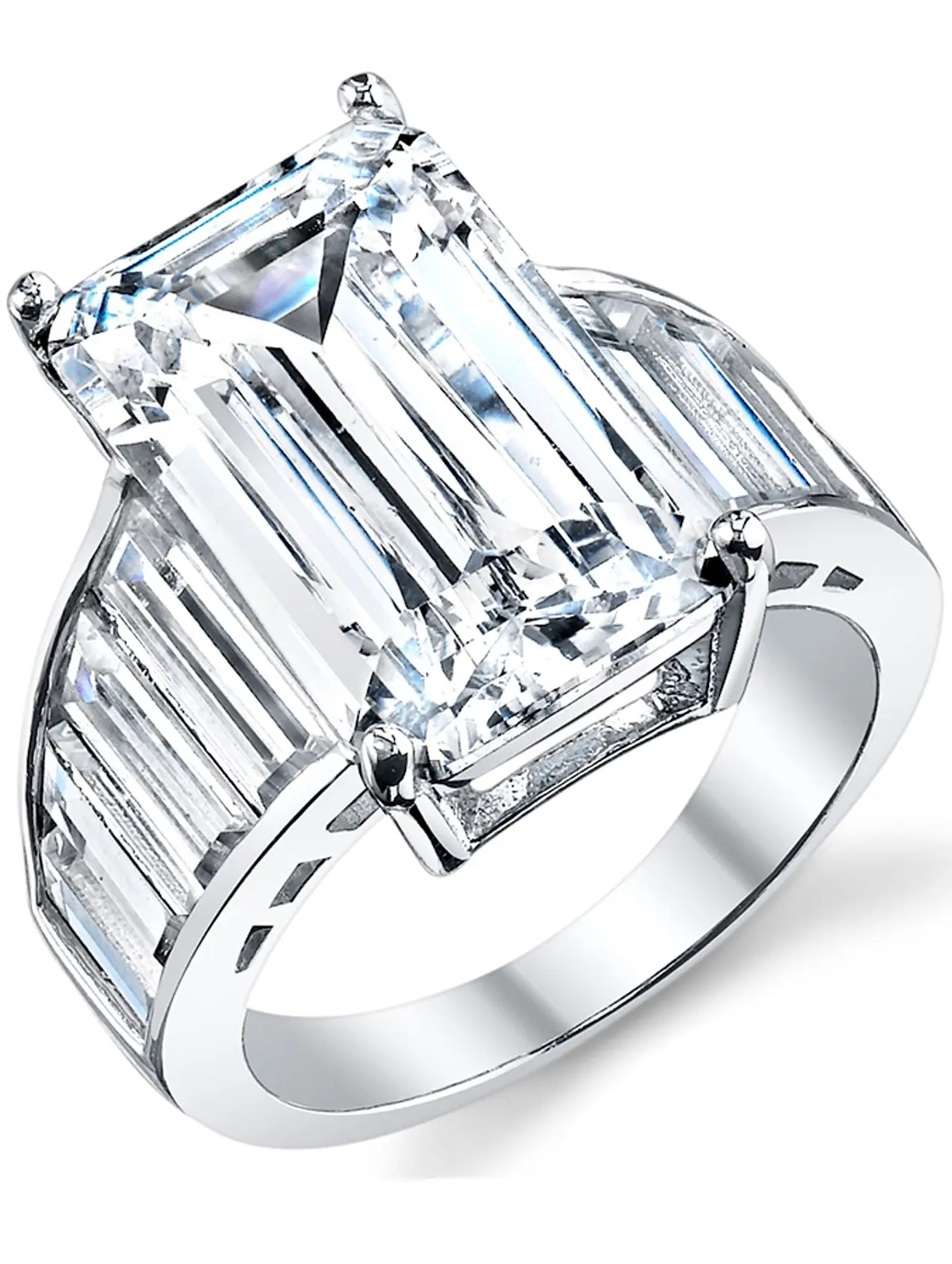 Women's Female Elegant Sterling Silver Bridal Statement Ring - 10x16mm Emerald Cut Cubic Zirconia CZ Engagement Band, Rhodium Plated Birthday Ring
