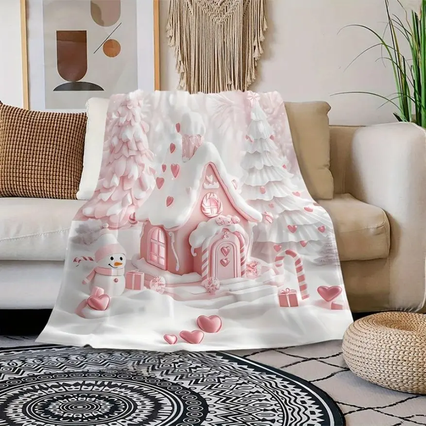 Cozy Pink Christmas Gingerbread House Reversible Flannel Fleece Throw Blanket - Cartoon Snowman Tree Pattern, All-Season Polyester Digital Print, Ideal For Bed/Couch, Decorative Giftable Cartoon Pattern Blanket, Decorative Giftable Blankets