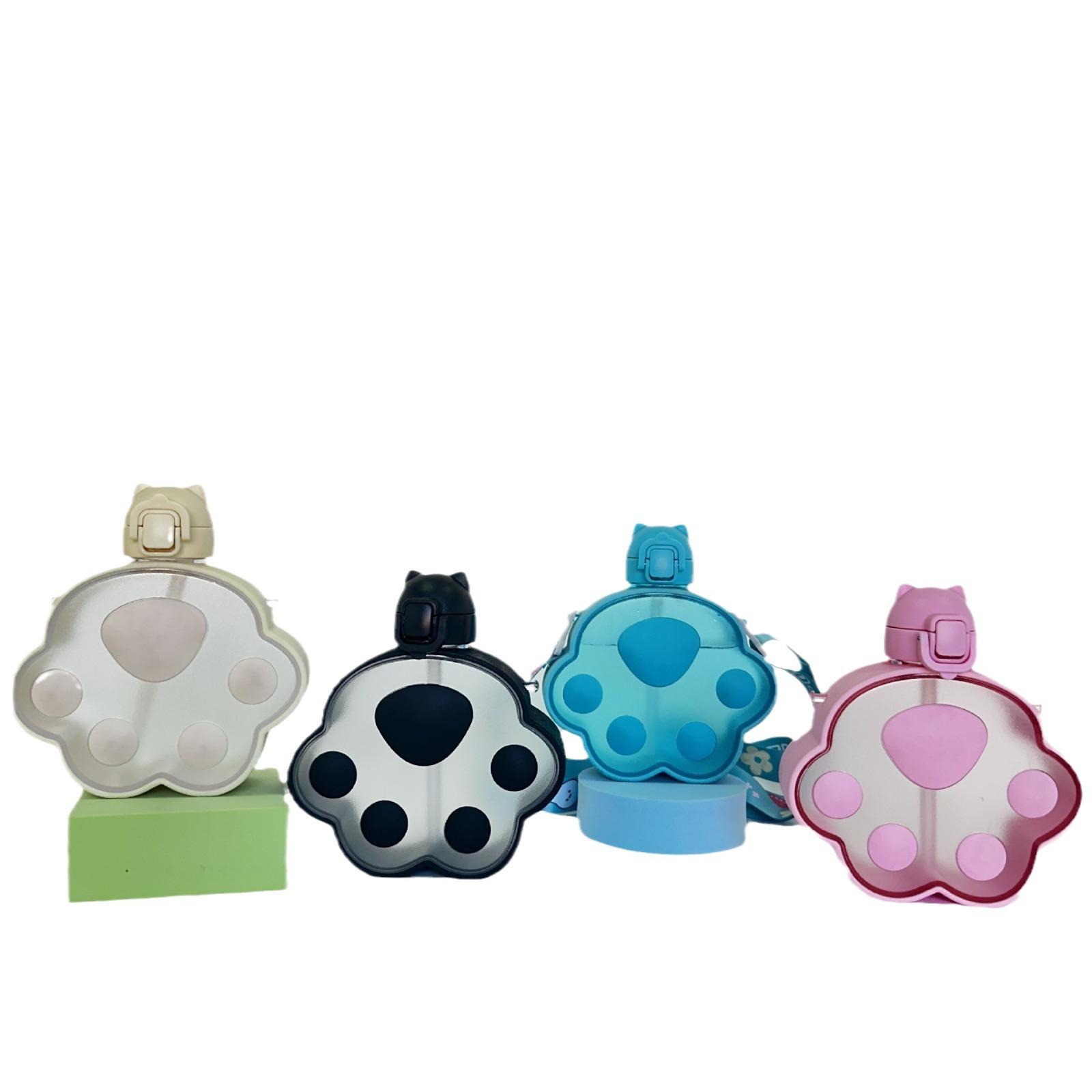 400ml Cute Cat Paw Straw Water Bottle with Strap and Lanyard Portable Plastic Drinking Cup