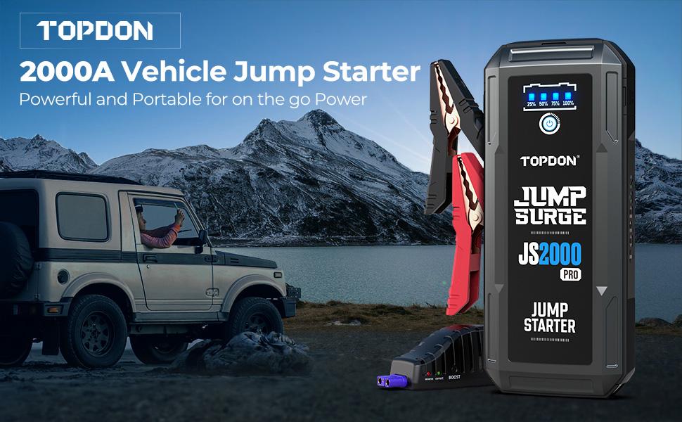 TOPDON  JS2000 Pro Car Battery Jump Starter, 2000A Peak Battery Jump Starter for Up to 8L Gas/6L Diesel Engines, 12V Portable Battery Booster Jump Starter Pack with Jumper Cables and EVA Protection Case
