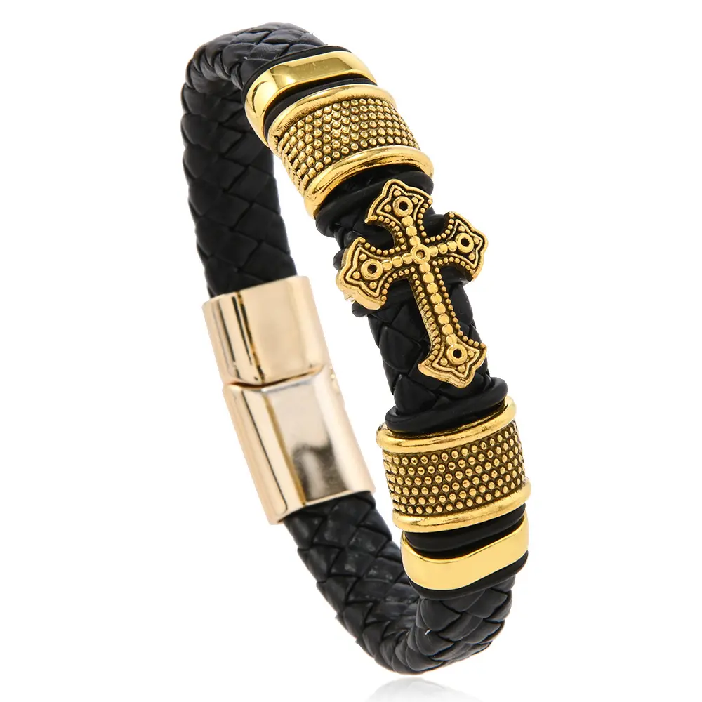 Retro PU Leather Bracelet with Gold-Plated Cross Motif, Hypoallergenic Multi-Layer Stackable Band for Men and Women, Magnetic Buckle, 21cm, Trendy Stack Bangle, Party