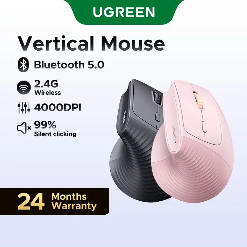 UGREEN Vertical Mouse Bluetooth 5.0 & 2.4G Wireless Ergonomic Mouse with 5 Buttons, 4000 DPI, Balck & Pink Ergonomic Mouse Compatible with PC/Laptop，Only 2.4G Model(Bluetooth not supported),Summer Sale tiktokshopbacktoschool